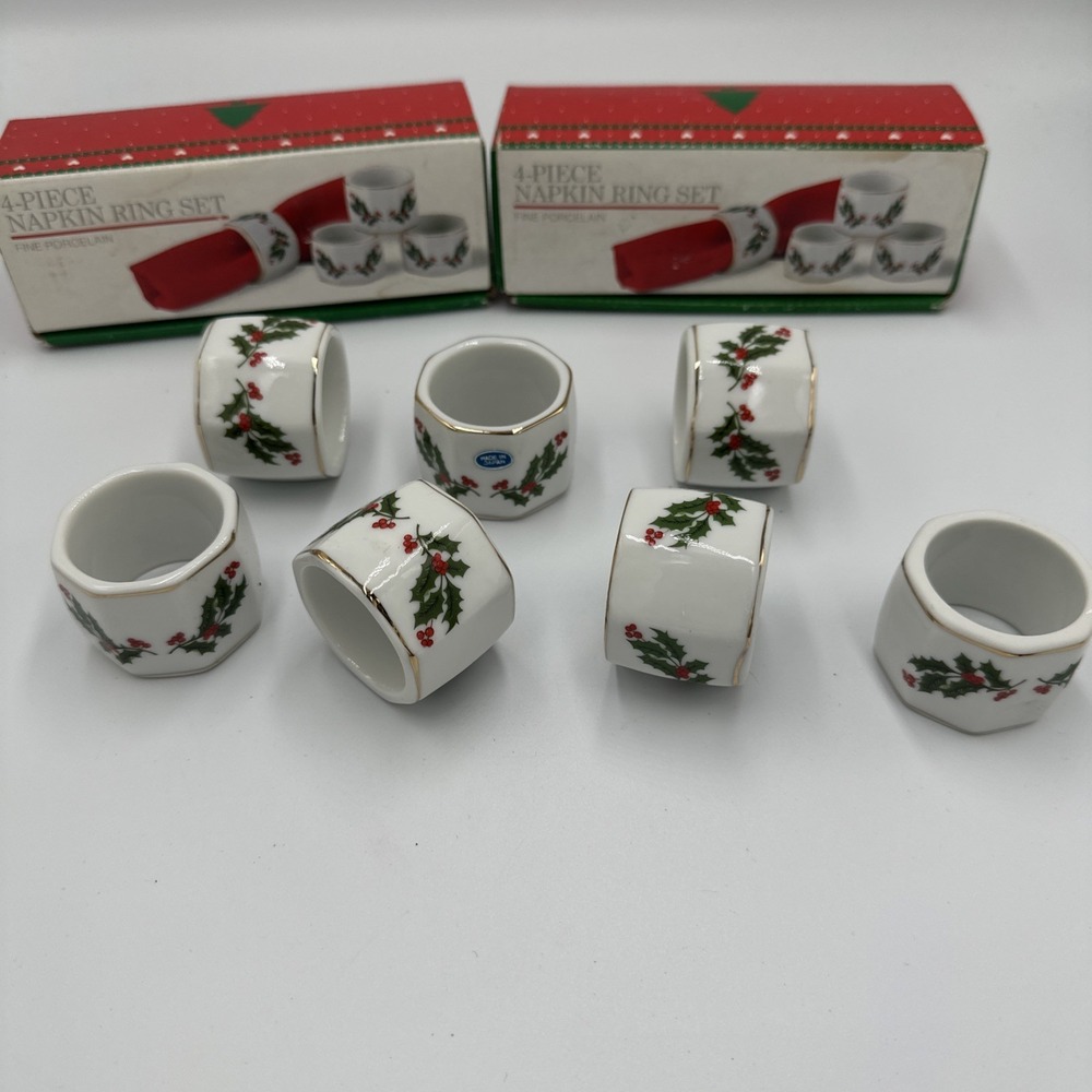Vintage Mervyns Christmas Napkin Ring Set Fine Porcelain 7 Piece Set Holly Berry